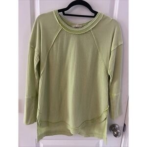 Soft Surroundings Shirt Women's Sz Petite Med Green Waffle‎ Knit Thermal Henley